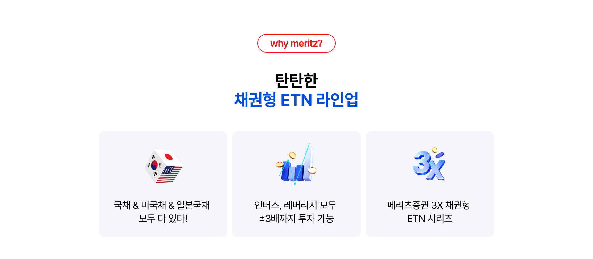 
              why meritz?
              탄탄한 채권형 ETN 라인업
              - 국채 & 미국채 & 일본국채 모두 다 있다!
              - 인버스, 레버리지 모두 ±3배까지 투자 가능
              - 메리츠증권 3X 채권형 ETN 시리즈
              
