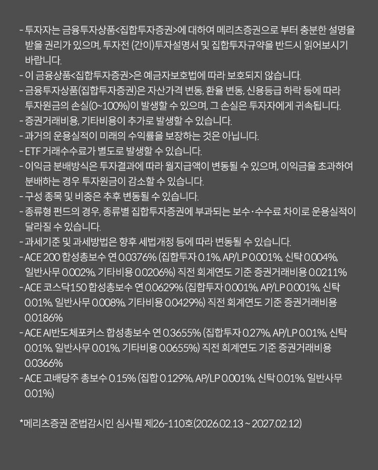 
          투자 유의사항
              · 투자자는 금융투자상품<집합투자증권>에 대하여 메리츠증권으로 부터 충분한 설명을 받을 권리가 있으며, 투자전 (간이)투자설명서 및 집합투자규약을 
              반드시 읽어보시기 바랍니다. 
              · 이 금융상품<집합투자증권>은 예금자보호법에 따라 보호되지 않습니다. 
              · 금융투자상품(집합투자증권)은 자산가격 변동, 환율 변동, 신용등급 하락 등에 따라 투자원금의 손실(0~100%)이 발생할 수 있으며, 
              그 손실은 투자자에게 귀속됩니다. 
              · 증권거래비용, 기타비용이 추가로 발생할 수 있습니다. 
              · 과거의 운용실적이 미래의 수익률을 보장하는 것은 아닙니다. 
              · ETF 거래수수료가 별도로 발생할 수 있습니다. 
              · 이익금 분배방식은 투자결과에 따라 월지급액이 변동될 수 있으며, 이익금을 초과하여 분배하는 경우 투자원금이 감소할 수 있습니다. 
              · 구성 종목 및 비중은 추후 변동될 수 있습니다. 
              · 종류형 펀드의 경우, 종류별 집합투자증권에 부과되는 보수, 수수료 차이로 운용실적이 달라질 수 있습니다. 
              · 과세기준 및 과세방법은 향후 세법개정 등에 따라 변동될 수 있습니다. 
              · ACE 200 합성총보수 연 0.0376%(지밥투자 0.1%, AP/LP: 0.001%, 신탁: 0.004%, 일반사무: 0.002%, 기타비옹: 0.0206%)
              직전 회계연도 기준 증권거래비용: 0.0211%
              · ACE 코스닥 150 합성총보수 연 0.0629% (집합투자 0.001%, AP/LP: 0.001%, 신탁: 0.001%, 일반사무: 0.008%, 기타비용: 0.0429%)
              직전 회계연도 기준 증권거래비용 0.0186%
              · ACE 고배당주 총보수 0.15% (집합: 0.129%, AP/LP: 0.001%, 신탁: 0.001%, 일반사무: 0.01%)
              * 메리츠증권 준법감시인 심사필 제 26-110호(2026.02.13~ 2027.02.12)
              