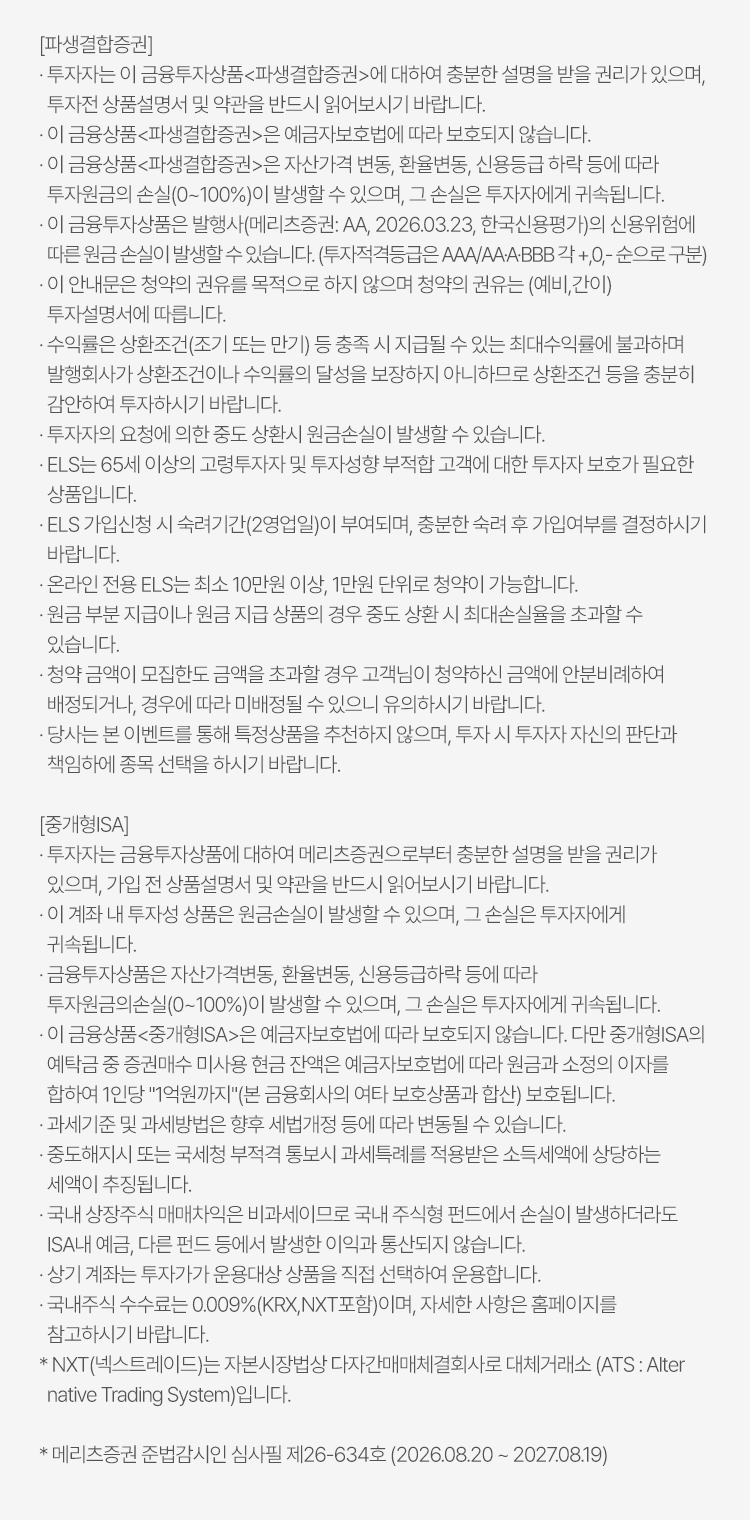 
            투자유의사항 
            [파생결합증권]
            · 투자자는 이 금융투자상품<파생결합증권>에 대하여 충분한 설명을 받을 권리가 있으며, 투자전 상품설명서 및 약관을 반드시 읽어보시기 바랍니다. 
            · 이 금융상품<파생결합증권>은 예금자보호법에 따라 보호되지 않습니다. 
            · 이 금융상품<파생결합증권>은 자산가격 변동, 환율변동, 신용등급 하락 등에 따라 투자원금의 손실(0~100%)이 발생할 수 있으며, 그 손실은 투자자에게 귀속됩니다. 
            · 이 금융투자상품은 발행사(메리츠증권: AA, 2026.03.23, 한국신용평가)의 신용위험에 따른 원금 손실이 발생할 수 있습니다. (투자적격등급은 AAA/AA·A·BBB 각 +,0,- 순으로 구분)
            · 이 안내문은 청약의 권유를 목적으로 하지 않으며 청약의 권유는 (예비,간이) 투자설명서에 따릅니다. 
            · 수익률은 상환조건(조기 또는 만기)등 충족 시 지급될 수 있는 최대수익률에 불과하며 발행회사가 상환조건이나 수익률의 달성을 보장하지 아니하므로 상환조건 등을 충분히 감안하여 투자하시기 바랍니다. 
            · 투자자의 요청에 의한 중도 상환 시 원금손실이 발생할 수 있습니다. 
            · ELS는 65세 이상의 고령투자자 및 투자성향 부적합 고객에 대한 투자자 보호가 필요한 상품입니다. 
            · ELS 가입신청 시 숙려기간(2영업일)이 부여되며, 충분한 숙려 후 가입여부를 결정하시기 바랍니다. 
            · 온라인 전용 ELS는 최소 10만원 이상, 1만원 단위로 청약이 가능합니다. 
            · 원금 부분 지급이나 원금 지급 상품의 경우 중도 상환 시 최대손실율을 초과할 수 있습니다. 
            · 청약 금액이 모집한도 금액을 초과할 경우 고객님이 청약하신 금액에 안분비례하여 배정되거나, 경우에 따라 미배정될 수 있으니 유의하시기 바랍니다. 
            · 당사는 본 이벤트를 통해 특정상품을 추천하지 않으며, 투자 시 투자자 자신의 판단과 책임하에 종목 선택을 하시기 바랍니다. 

            [중개형ISA]
            · 투자자는 금융투자상품에 대하여 메리츠증권으로부터 충분한 설명을 받을 권리가 있으며, 가입 전 상품설명서 및 약관을 반드시 읽어보시기 바랍니다. 
            · 이 계좌 내 투자성 상품은 원금손실이 발생할 수 있으며, 그 손실은 투자자에게 귀속됩니다. 
            · 금융투자상품은 자산가격변동, 환율변동, 신용등급하락 등에 따라 투자원금의 손실(0~100%)이 발생할 수 있으며, 그 손실은 투자자에게 귀속됩니다. 
            · 이 금융상품<중개형ISA>은 예금자보호법에 따라 보호되지 않습니다. 다만 중개형 ISA의 예탁금 중 증권매수 미사용 현금잔액은 예금자보호법에 따라 원금과 소정의 이자를 
            합하여 1인당 '1억원까지' (본 금융회사의 여타 보호상품과 합산) 보호됩니다. 
            · 과세기준 및 과세방법은 향후 세법개정 등에 따라 변동될 수 있습니다. 
            · 중도해지시 또는 국세청 부적격 통보시 과세특례를 적용받은 소득세액에 상당하는 세액이 추징됩니다. 
            · 국내 상장주식 매매차익은 비과세이므로 국내 주식형 펀드에서 손실이 발생하더라도 ISA내 예금, 다른 펀드 등에서 발생한 이익과 통산되지 않습니다. 
            · 상기 계좌는 투자가가 운용대상 상품을 직접 선택하여 운용합니다. 
            · 국내주식 수수료는 0.009%(KRX, NXT포함)이며, 자세한 사항은 홈페이지를 참고하시기 바랍니다. 
            * NXT(넥스트레이드)는 자본시장법상 다자간매매체결회사로 대체거래소(ATS: Alternative Trading System)입니다. 
            * 메리츠증권 준법감시인 심사필 제26-634호 (2026.08.20 ~ 2027.08.19)
          