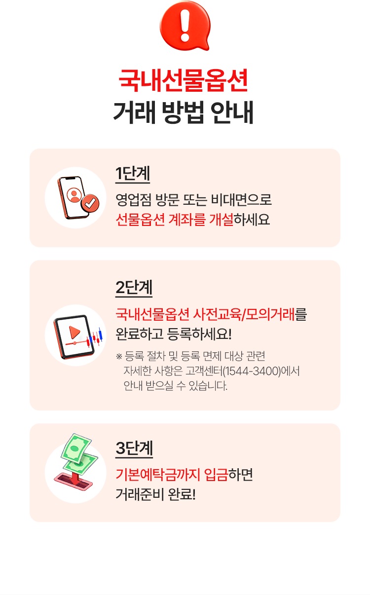
            국내선물옵션 거래 방법 안내 
            - 1단계 
            영업점 방문 또는 비대면으로 
            선물옵션 계좌를 개설하세요 
            - 2단계 
            국내선물옵션 사전교육/모의거래를 완료하고 등록하세요! 
            * 등록 절차 및 등록 면제 대상 관련 자세한 사항은 고객센터(1544-3400)에서 안내받으실 수 있습니다. 
            - 3단계 
            기본 예탁금까지 입금하면 거래준비 완료!
            