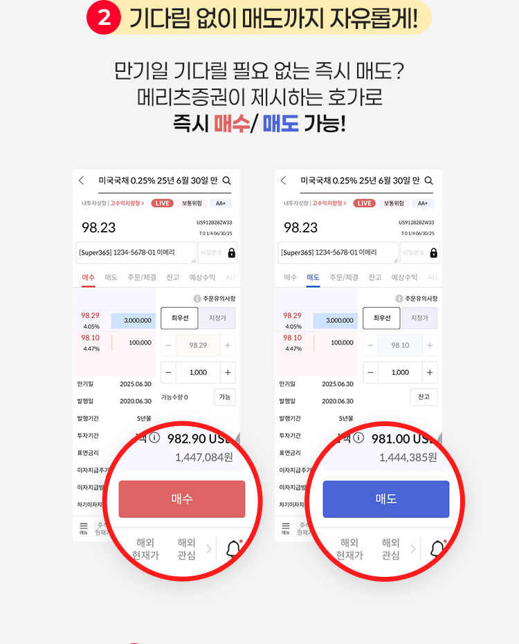 2 기다림 없이 매도까지 자유롭게! 만기일 기다릴 필요 없는 즉시 매도? 메리츠증권이 제시하는 호가로 즉시 매수/ 매도 가능!