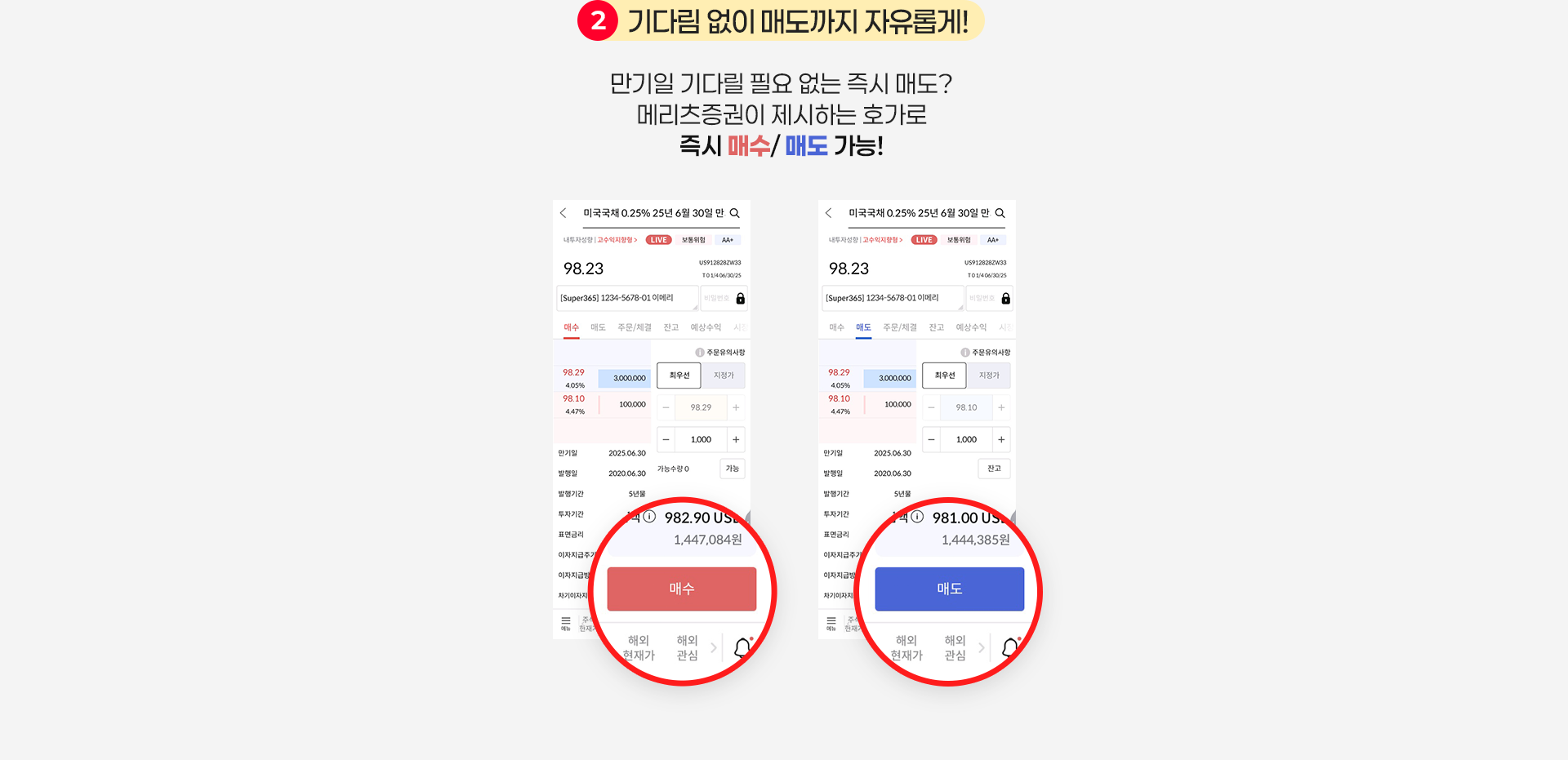 2. 기다림 없이 매도까지 자유롭게! 만기일 기다릴 필요 없는 즉시 매도? 메리츠증권이 제시하는 호가로 즉시 매수/ 매도 가능!