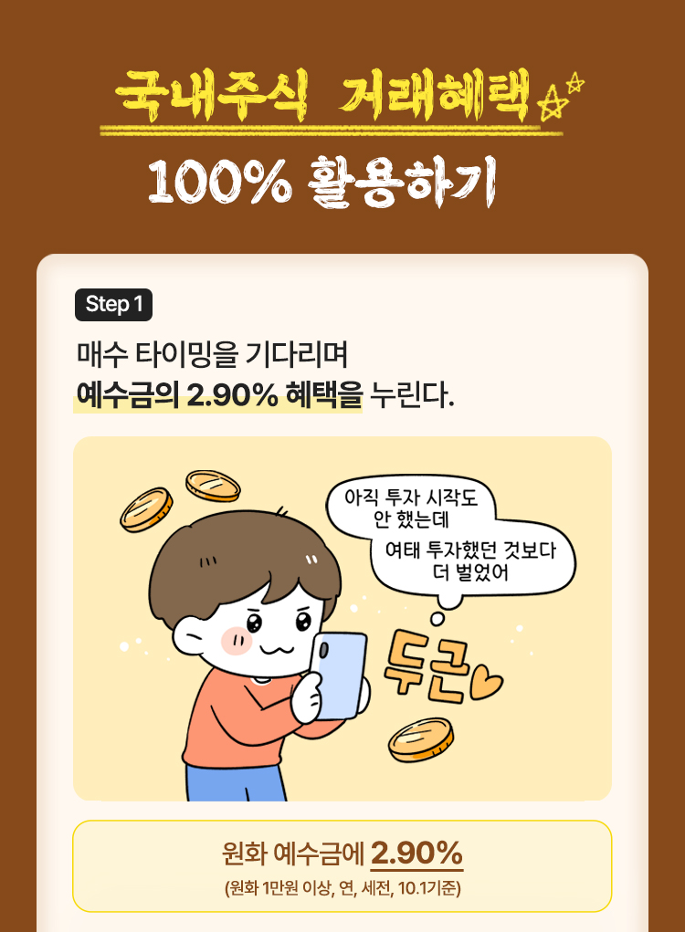 국내주식 거래혜택 100% 활용하기 step1 매수 타이밍을 기다리며 예수금의 2.90% 혜택을 누린다. 아직 투자 시작도 안했는데 여태 투자했던것보다 더벌었어(말풍선) 원화예수금에 2.90% *금액/기간 제한없이 매일 RP이자 제공