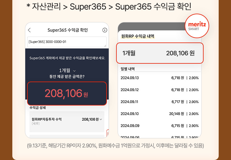 *자산관리 > super365 > super365수익금확인 (9.13기준,해당기간 RP이자 2.90%, 원화예수금 1억원으로 가정시, 이후에는 달라질 수 있음)