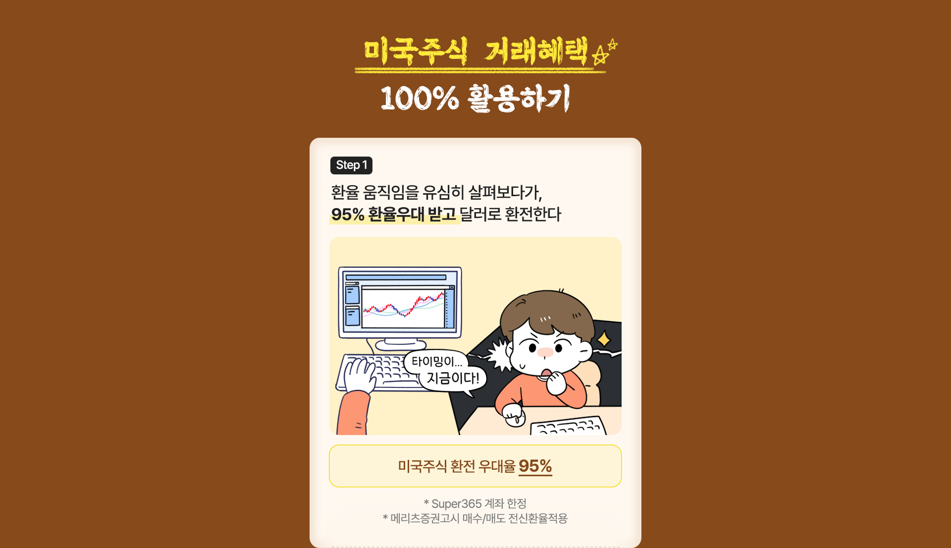 미국 주식 거래혜택 100% 활용하기 step1 환율 움직임을 유심히 살펴보다가, 95%환율우대 받고 달러로 환전한다 (말풍선)타이밍이...지금이다! 미국주식 환전우대율 95% *super365계좌한정 *메리츠증권고시 매수/매도 전신환율적용