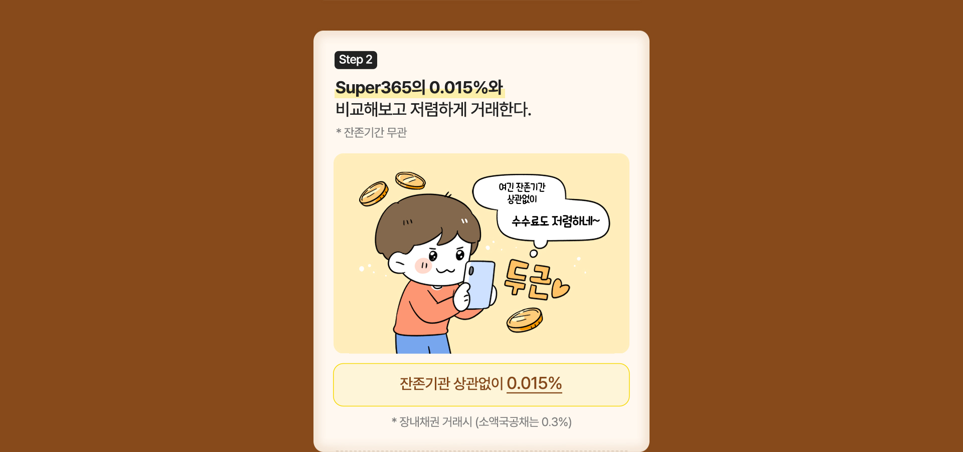 super365의 0.015%와 비교해보고 저렴하게 거래한다. *잔존기간 무관 (말풍선)여긴 잔존기간 상관없이 수수료도 저렴하네 (잔존기관 상관없이 0.015%) * 자앤채권 거래시 (소액국공채는 0.3%)