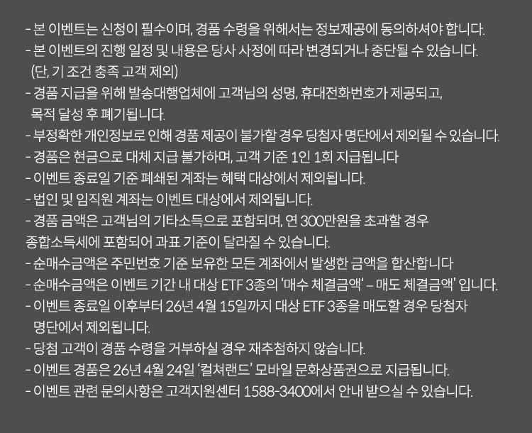 
          이벤트 유의사항
          · 본 이벤트는 신청이 필수이며, 경품 수령을 위해서는 정보제공에 동의하셔야 합니다. 
          · 본 이벤트의 진행 일정 및 내용은 당사 사정에 따라 변경되거나 중단될 수 있습니다. (단, 기조건 충족 고객 제외)
          · 경품 지급을 위해 발송대행업체에 고객님의 성명, 휴대전화번호가 제공되고, 목적 달성 후 폐기됩니다. 
          · 부정확한 개인정보로 인해 경품 제공이 불가할 경우 당첨자 명단에서 제외될 수 있습니다. 
          · 경품은 현금으로 대체 지급 불가하며, 고객 기준 1인 1회 지급됩니다. 
          · 이벤트 종료일 기준 폐쇄된 계좌는 혜택 대상에서 제외됩니다. 
          · 법인 및 임직원 계좌는 이벤트 대상에서 제외됩니다. 
          · 경품 금액은 고객님의 기타소득으로 포함되며, 연 300만원을 초과할 경우 종합소득세에 포함되어 과표 기준이 달라질 수 있습니다. 
          · 순매수금액은 주민번호 기준 보유한 모든 계좌에서 발생한 금액을 합산합니다. 
          · 순매수금액은 이벤트 기간 내 대상 ETF3종의 '매수 체결금액 - 매도 체결금액' 입니다. 
          · 이벤트 종료일 이후부터 26년 4월 15일까지 대상 ETF3종을 매도할 경우 당첨자 명단에서 제외됩니다. 
          · 당첨 고객이 경품 수령을 거부하실 경우 재추첨 하지 않습니다. 
          · 이벤트 경품은 26년 4월 24일 '컬처랜드' 모바일 문화상품권으로 지급됩니다. 
          · 이벤트 관련 문의사항은 고객지원센터 1588-3400에서 안내 받으실 수 있습니다. 
            