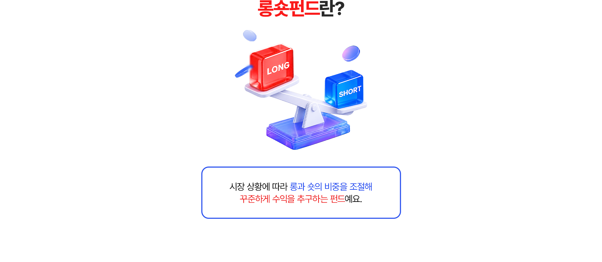 
              롱숏펀드란?
              시장 상황에 따라 롱과 숏의 비중을 조절해 
              꾸준하게 수익을 추구하는 펀드예요. 
              
