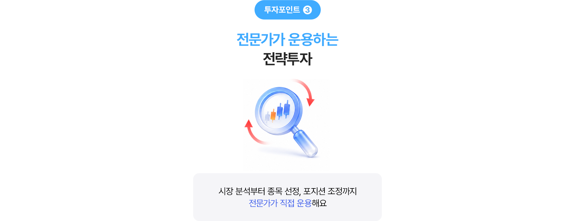 
              투자포인트 3
              전문가가 운용하는 전략투자
              - 시장 분석부터 종목 선정, 포지션 조정까지 
              전문가가 직접 운용해요 
              