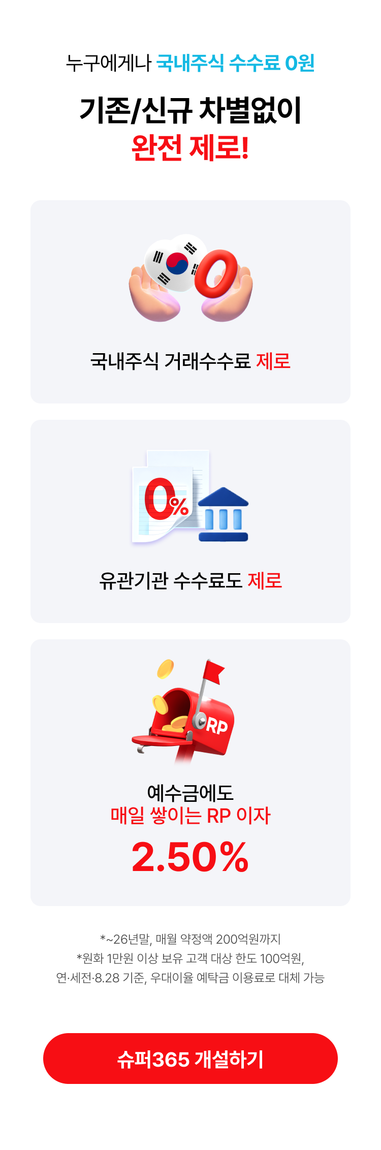 
          누구에게나 국내 주식 수수료 0원
          기존/신규 차별없이 완전 제로!
          - 국내주식 거래수수료 제로
          - 유관기관 수수료도 제로
          - 예수금에도 매일 쌓이는 RP 이자 2.50%
          *~26년말, 매월 약정액 200억원까지
          *원화 1만원 이상 보유 고객 대상 한도 100억원, 연·세전·8.28 기준, 우대이율 예탁금 이용료로 대체 가능
          