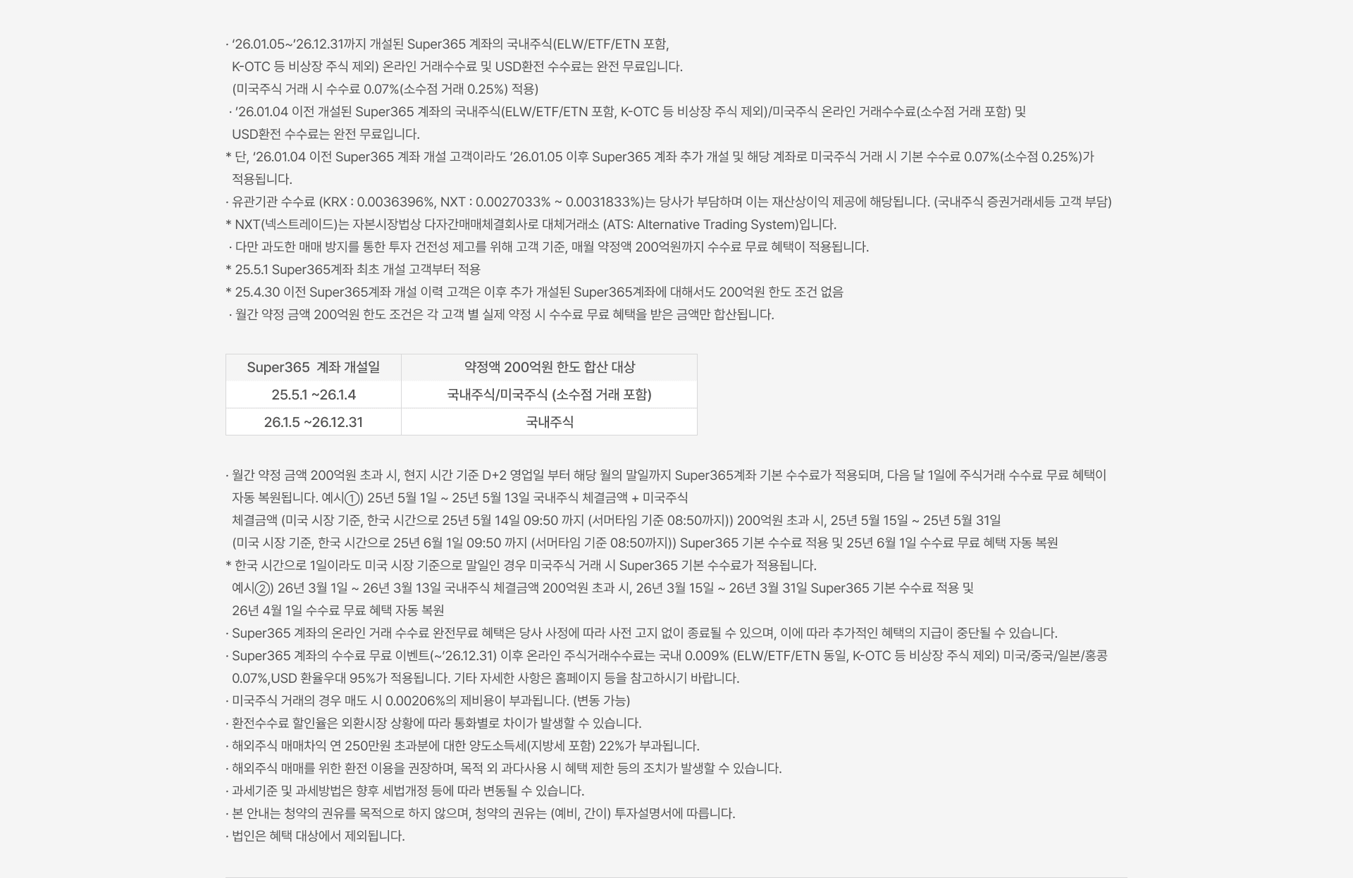 
          수수료 무료 이벤트 및 기타 유의사항
          · ‘26.01.05~’26.12.31까지 개설된 Super365 계좌의 국내주식(ELW/ETF/ETN 포함, K-OTC 등 비상장 주식 제외) 온라인 거래수수료 및 USD환전 수수료는 완전 무료입니다. (미국주식 거래 시 수수료 0.07%(소수점 거래 0.25%) 적용) · ’26.01.04 이전 개설된 Super365 계좌의 국내주식(ELW/ETF/ETN 포함, K-OTC 등 비상장 주식 제외)/미국주식 온라인 거래수수료(소수점 거래 포함) 및 USD환전 수수료는 완전 무료입니다. * 단, ‘26.01.04 이전 Super365 계좌 개설 고객이라도 ’26.01.05 이후 Super365 계좌 추가 개설 및 해당 계좌로 미국주식 거래 시 기본 수수료 0.07%(소수점 0.25%)가 적용됩니다. · 유관기관 수수료 (KRX : 0.0036396%, NXT : 0.0027033% ~ 0.0031833%)는 당사가 부담하며 이는 재산상이익 제공에 해당됩니다. (국내주식 증권거래세등 고객 부담) * NXT(넥스트레이드)는 자본시장법상 다자간매매체결회사로 대체거래소 (ATS: Alternative Trading System)입니다. · 다만 과도한 매매 방지를 통한 투자 건전성 제고를 위해 고객 기준, 매월 약정액 200억원까지 수수료 무료 혜택이 적용됩니다. * 25.5.1 Super365계좌 최초 개설 고객부터 적용 * 25.4.30 이전 Super365계좌 개설 이력 고객은 이후 추가 개설된 Super365계좌에 대해서도 200억원 한도 조건 없음 · 월간 약정 금액 200억원 한도 조건은 각 고객 별 실제 약정 시 수수료 무료 혜택을 받은 금액만 합산됩니다.
          Super365 계좌 개설일 / 약정액 200억원 한도 합산 대상
          25.5.1 ~26.1.4 / 국내주식/미국주식 (소수점 거래 포함)
          26.1.5 ~26.12.31 / 국내주식
          · 월간 약정 금액 200억원 초과 시, 현지 시간 기준 D+2 영업일 부터 해당 월의 말일까지 Super365계좌 기본 수수료가 적용되며, 다음 달 1일에 주식거래 수수료 무료 혜택이 자동 복원됩니다. 예시①) 25년 5월 1일 ~ 25년 5월 13일 국내주식 체결금액 + 미국주식 체결금액 (미국 시장 기준, 한국 시간으로 25년 5월 14일 09:50 까지 (서머타임 기준 08:50까지)) 200억원 초과 시, 25년 5월 15일 ~ 25년 5월 31일 (미국 시장 기준, 한국 시간으로 25년 6월 1일 09:50 까지 (서머타임 기준 08:50까지)) Super365 기본 수수료 적용 및 25년 6월 1일 수수료 무료 혜택 자동 복원 * 한국 시간으로 1일이라도 미국 시장 기준으로 말일인 경우 미국주식 거래 시 Super365 기본 수수료가 적용됩니다. 예시②) 26년 3월 1일 ~ 26년 3월 13일 국내주식 체결금액 200억원 초과 시, 26년 3월 15일 ~ 26년 3월 31일 Super365 기본 수수료 적용 및 26년 4월 1일 수수료 무료 혜택 자동 복원 · Super365 계좌의 온라인 거래 수수료 완전무료 혜택은 당사 사정에 따라 사전 고지 없이 종료될 수 있으며, 이에 따라 추가적인 혜택의 지급이 중단될 수 있습니다. · Super365 계좌의 수수료 무료 이벤트(~’26.12.31) 이후 온라인 주식거래수수료는 국내 0.009% (ELW/ETF/ETN 동일, K-OTC 등 비상장 주식 제외) 미국/중국/일본/홍콩 0.07%,USD 환율우대 95%가 적용됩니다. 기타 자세한 사항은 홈페이지 등을 참고하시기 바랍니다. · 미국주식 거래의 경우 매도 시 0.00206%의 제비용이 부과됩니다. (변동 가능) · 환전수수료 할인율은 외환시장 상황에 따라 통화별로 차이가 발생할 수 있습니다. · 해외주식 매매차익 연 250만원 초과분에 대한 양도소득세(지방세 포함) 22%가 부과됩니다. · 해외주식 매매를 위한 환전 이용을 권장하며, 목적 외 과다사용 시 혜택 제한 등의 조치가 발생할 수 있습니다. · 과세기준 및 과세방법은 향후 세법개정 등에 따라 변동될 수 있습니다. · 본 안내는 청약의 권유를 목적으로 하지 않으며, 청약의 권유는 (예비, 간이) 투자설명서에 따릅니다. · 법인은 혜택 대상에서 제외됩니다.
          