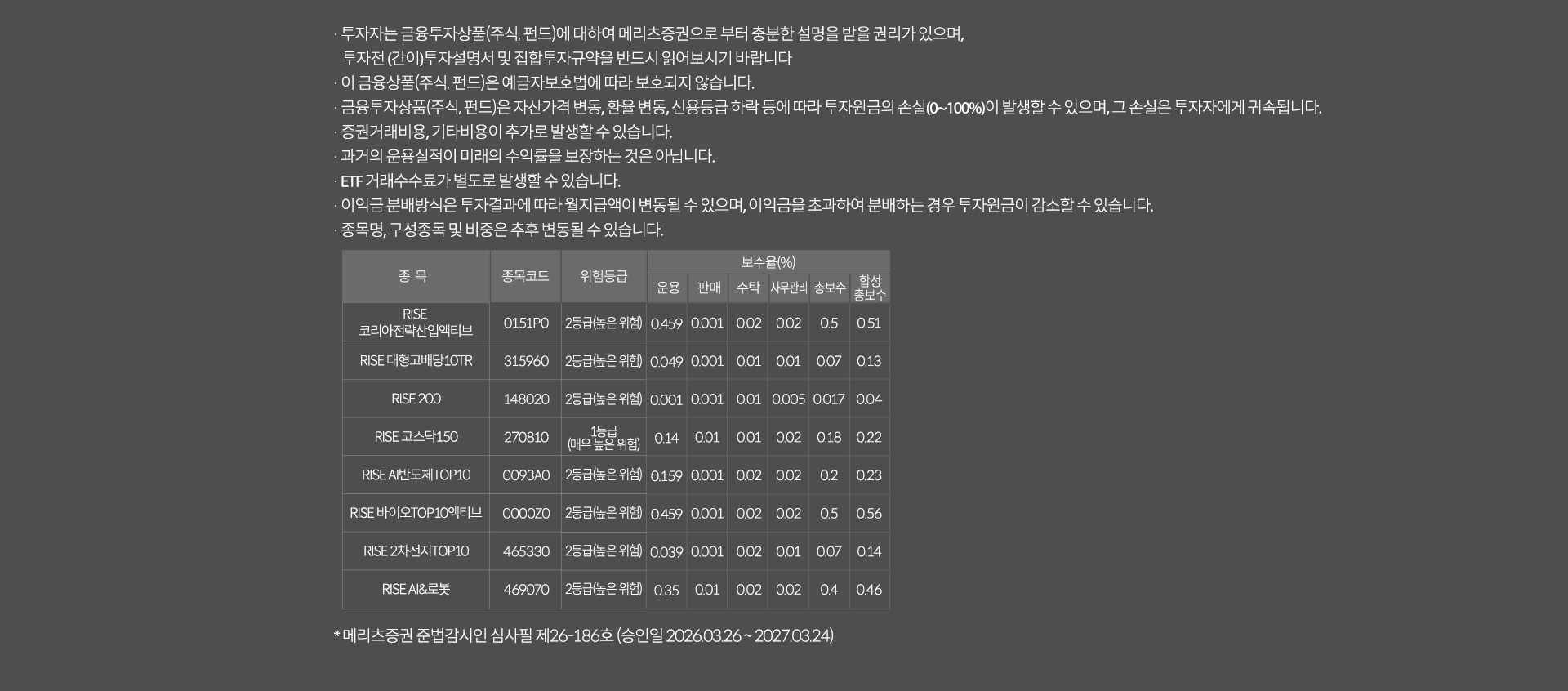 
              투자 유의사항
              · 투자자는 금융투자상품<집합투자증권>에 대하여 메리츠증권으로 부터 충분한 설명을 받을 권리가 있으며,
              투자전(간이)투자 설명서 및 집합투자규약을 반드시 읽어보시기 바랍니다. 
              · 이 금융상품<집합투자증권>은 예금자 보호법에 따라 보호되지 않습니다. 금융투자상품(집합투자증권)은 
              자산가격변동, 환율 변동, 신용등급 하락 등에 따라 투자원금의 손실(0~100%)이 발생할 수 있으며, 그 손실은 투자자에게 
              귀속됩니다. 
              · 증권거래비용, 기타비용이 추가로 발생할 수 있습니다. 
              · 과거의 운용실적이 미래의 수익률을 보장하는 것은 아닙니다. 
              · ETF 거래수수료가 별도로 발생할 수 있습니다. 
              · 이익금 분배방식은 투자결과에 따라 월지급액이 변동될 수 있으며, 이익금을 초과하여 분배하는 경우 투자원금이 감소할 수 있습니다. 
              · 종목형, 구성종목 및 비중은 추후 변동 될 수 있습니다. 
              * 메리츠증권 준법감시인 심사필 제26-186호(승인일 2026.03.26~2027.03.24)
              