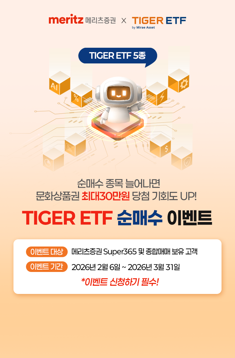 
            순매수 종목 늘어나면
            문화상품권 최대 30만원 당첨 기회도 UP!
            TIGER ETF 순매수 이벤트
            이벤트 대상 : 메리츠증권 Super365 및 종합매매 보유 고객
            이벤트 기간 : 2026년 2월 6일 ~ 2026년 3월 31일
            * 이벤트 신청하기 필수!
            